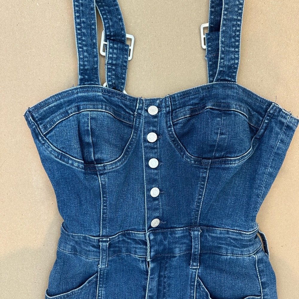 Guess Dark Blue Denim Button-Front Overalls - Picture 2 of 5
